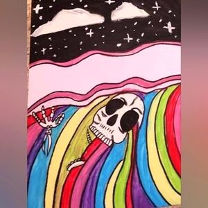 Skeleton swimming in colorful water.